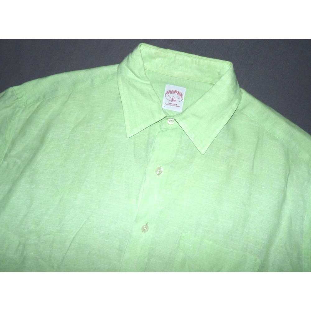 Brooks Brothers 100% Linen Short Sleeved Lime Green Button Up Shirt Men's Large